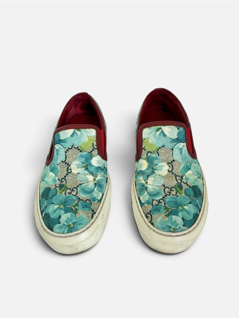 Gucci Floral Slip-On Sneakers in Teal and Burgundy